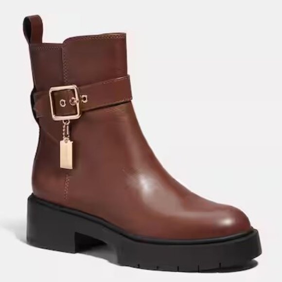 Coach Lacey Dark Saddle Leather Bootie Ankle Short Snow Boots Shoes Flats NEW - Picture 2 of 9